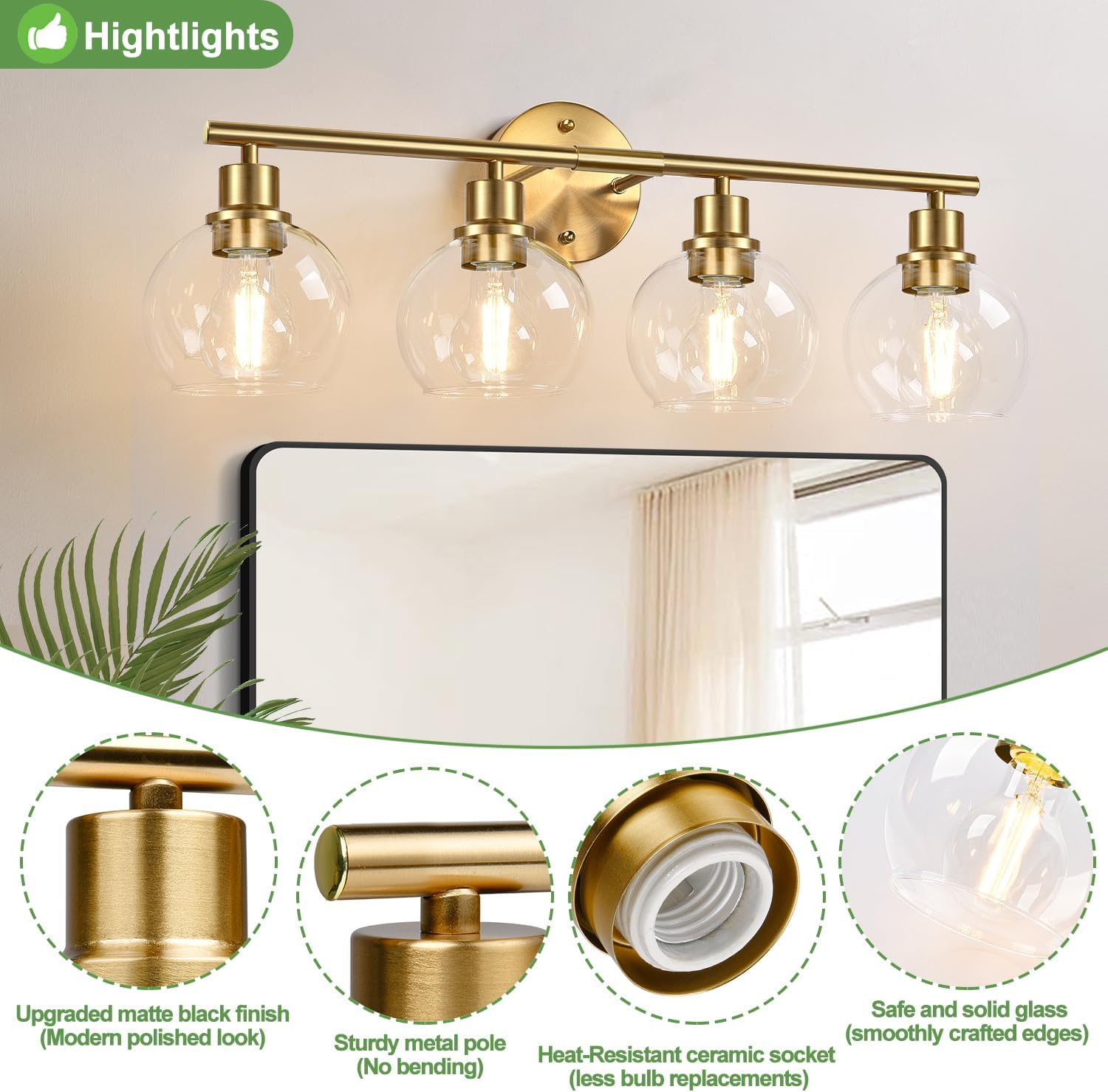 4-Light Bathroom Light Fixtures 2024 Upgrade, Gold Modern Vanity Lights Over Mirror with Clear Glass Globe Shade, Bathroom Wall Sconces for Mirror Kitchen Living Room Hallway Cabinet Bedroom Porch - Image 3