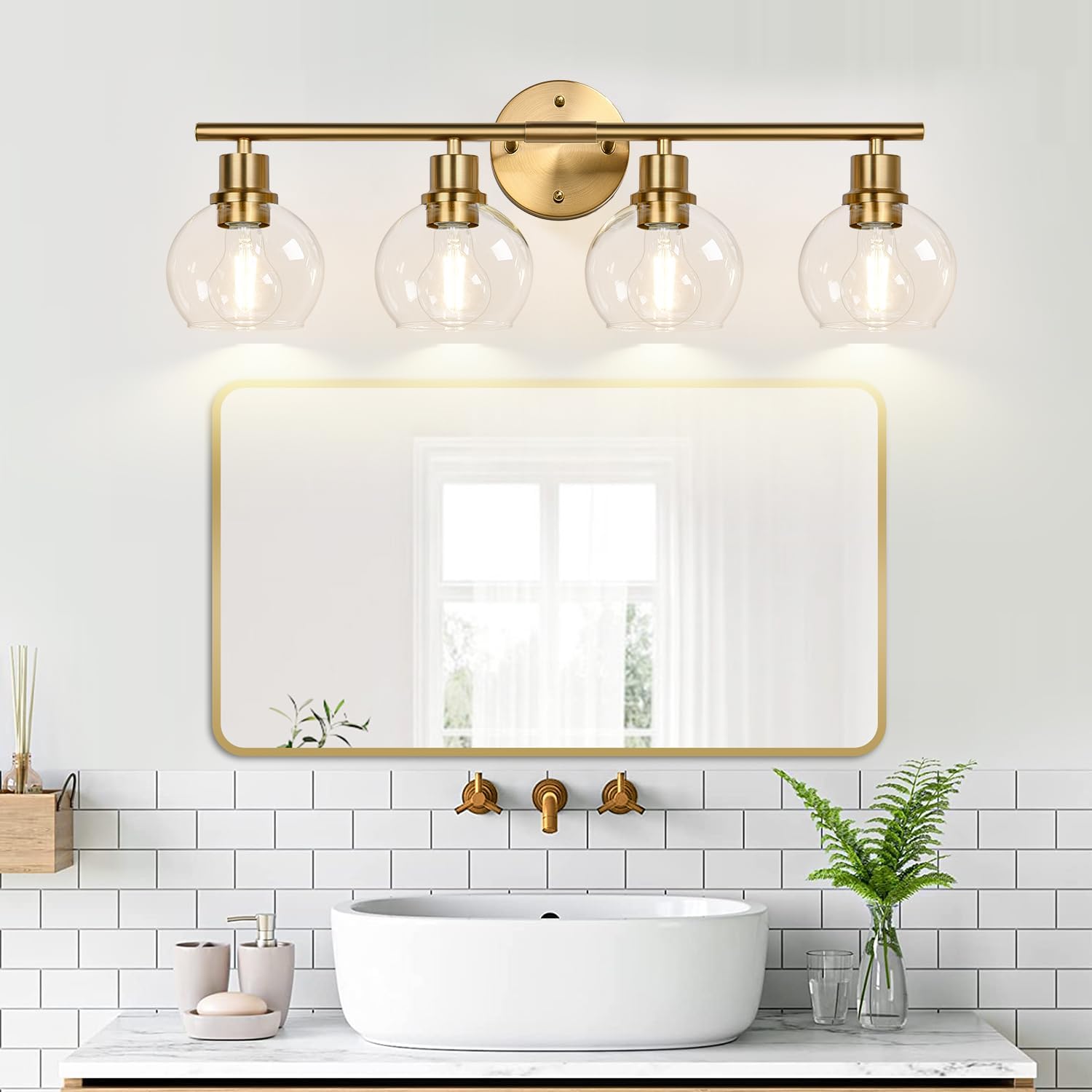4-Light Bathroom Light Fixtures 2024 Upgrade, Gold Modern Vanity Lights Over Mirror with Clear Glass Globe Shade, Bathroom Wall Sconces for Mirror Kitchen Living Room Hallway Cabinet Bedroom Porch - Image 5