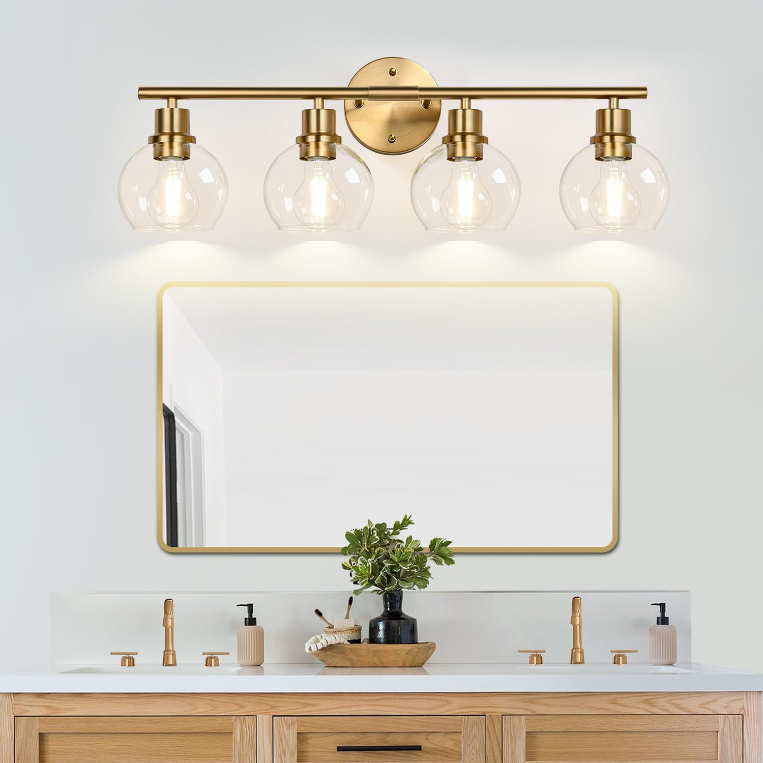 4-Light Bathroom Light Fixtures 2024 Upgrade, Gold Modern Vanity Lights Over Mirror with Clear Glass Globe Shade, Bathroom Wall Sconces for Mirror Kitchen Living Room Hallway Cabinet Bedroom Porch - Image 6