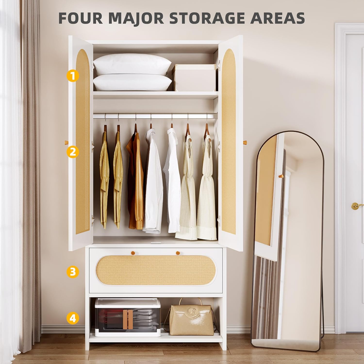 DWVO Rattan Armoire Wardrobe Closet - 70" Tall Rattan Armoire Closet with Doors, Large Armoire Storage Cabinet with Drawers & Hanging Rod/Bedroom Armoire - White - Image 3