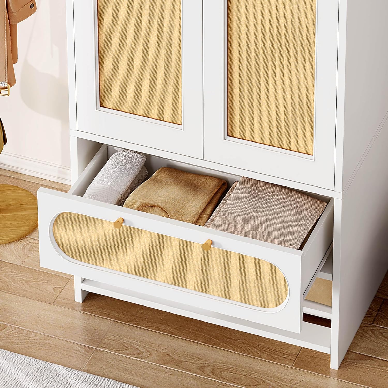 DWVO Rattan Armoire Wardrobe Closet - 70" Tall Rattan Armoire Closet with Doors, Large Armoire Storage Cabinet with Drawers & Hanging Rod/Bedroom Armoire - White - Image 4
