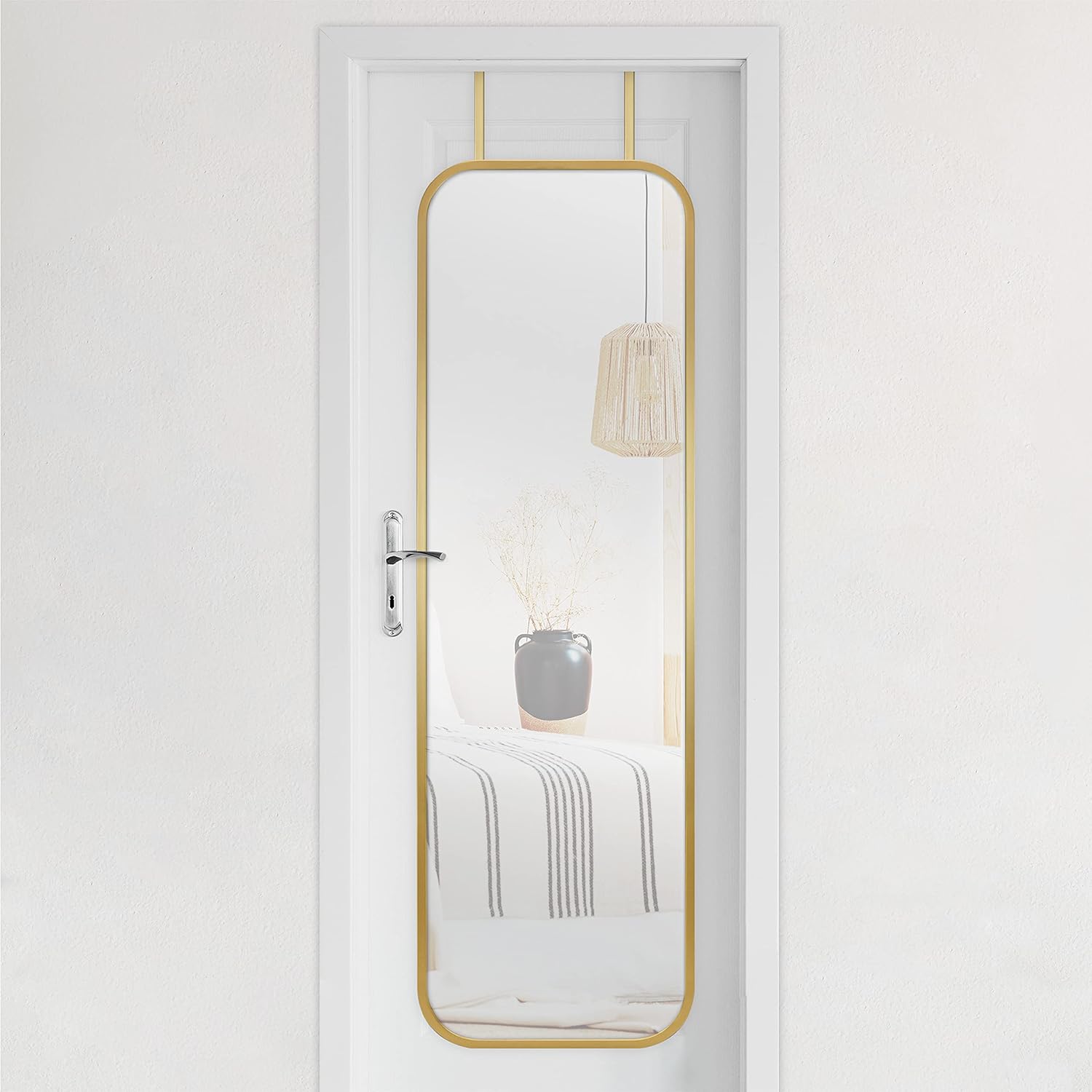 MCS 17x55 Brass Metal Over The Door Mirror With Rounded Corners, Full Length Hanging Mirror for Bedroom and Bathroom Doors, No Tools Required
