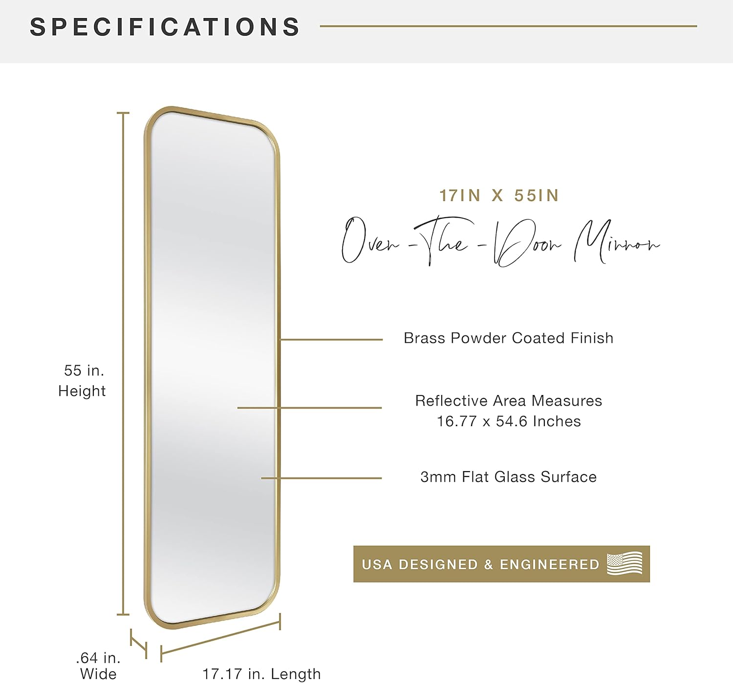 MCS 17x55 Brass Metal Over The Door Mirror With Rounded Corners, Full Length Hanging Mirror for Bedroom and Bathroom Doors, No Tools Required - Image 3