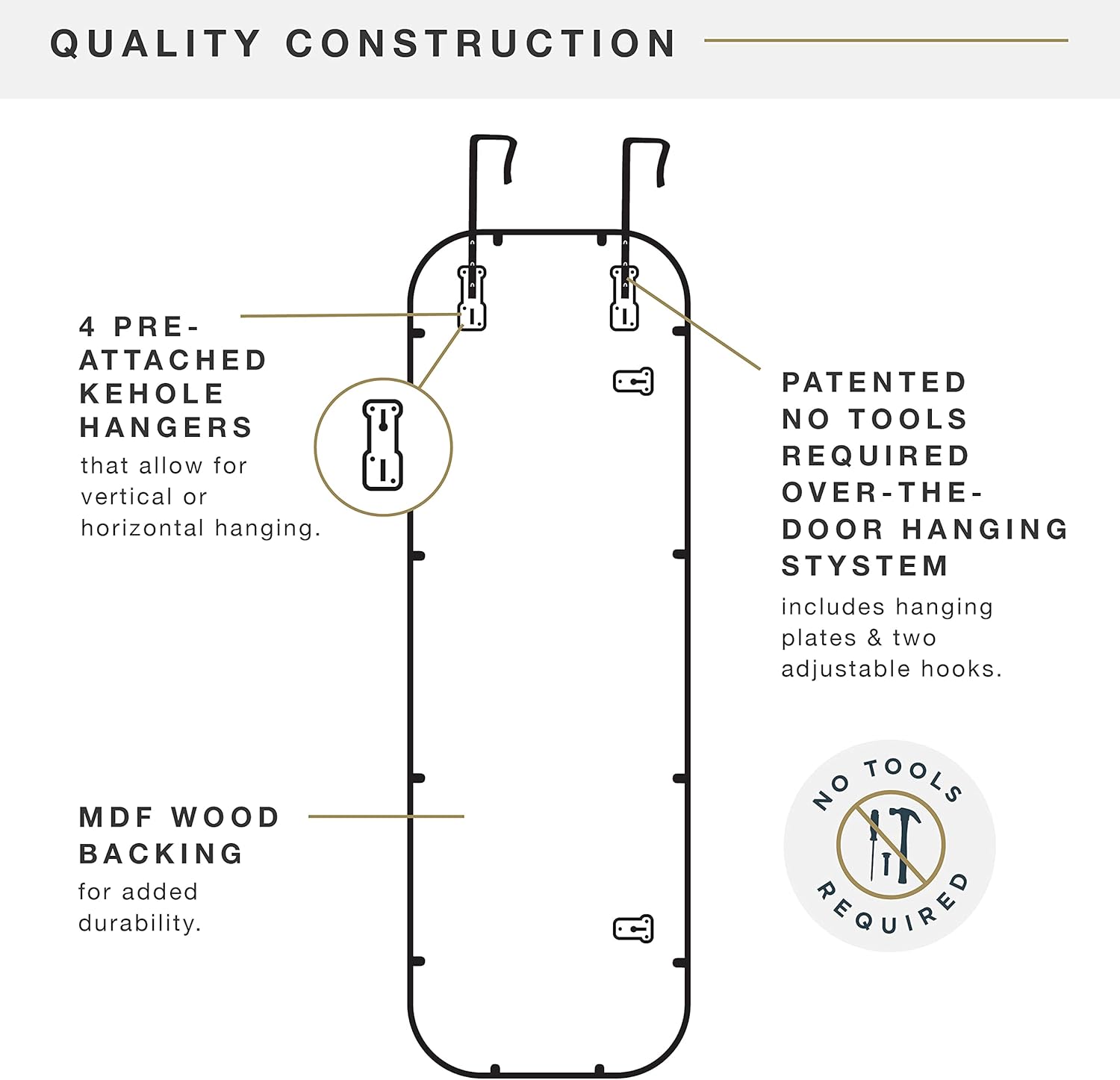 MCS 17x55 Brass Metal Over The Door Mirror With Rounded Corners, Full Length Hanging Mirror for Bedroom and Bathroom Doors, No Tools Required - Image 4