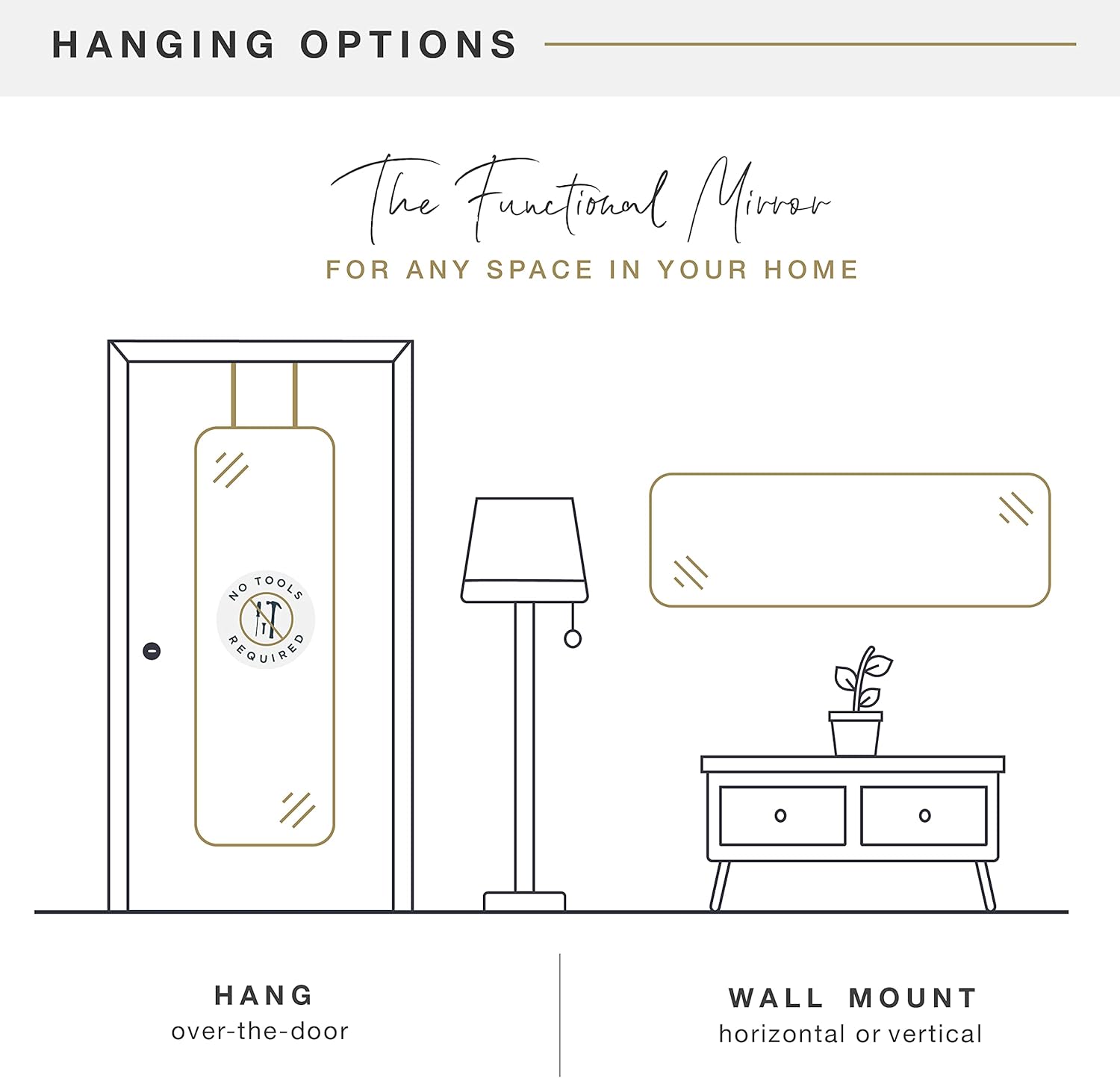 MCS 17x55 Brass Metal Over The Door Mirror With Rounded Corners, Full Length Hanging Mirror for Bedroom and Bathroom Doors, No Tools Required - Image 6