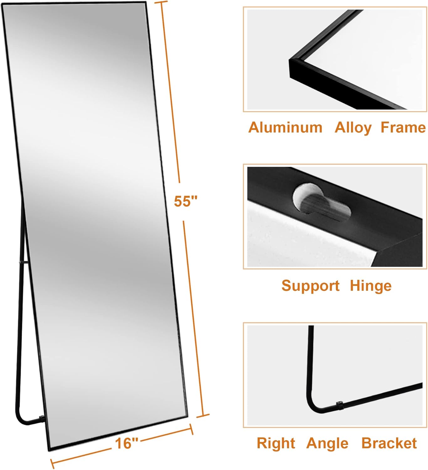 NeuType 59'x16' Full Length Wall Mirror, Black, Aluminum Alloy Frame, Explosion-Proof Glass, Modern, Wall Mount - Image 7