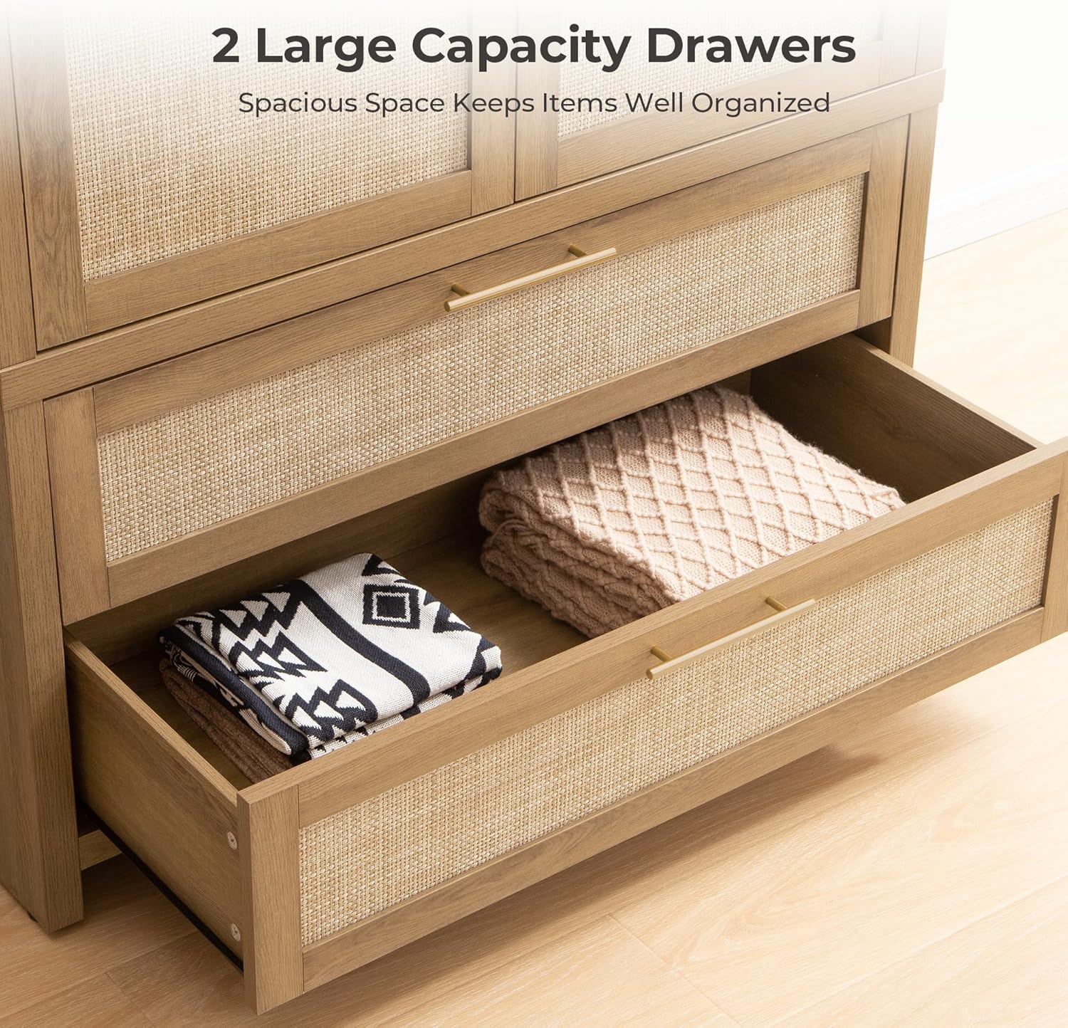 SICOTAS Rattan Armoire Wardrobe Closet Cabinet, 71" Tall Wardrobe Storage Cabinet with Doors, Larger Drawers and Hanging Rod, Boho Armoire Clothes Organizer for Bedroom, Laundry Room, Cloak Room - Image 4