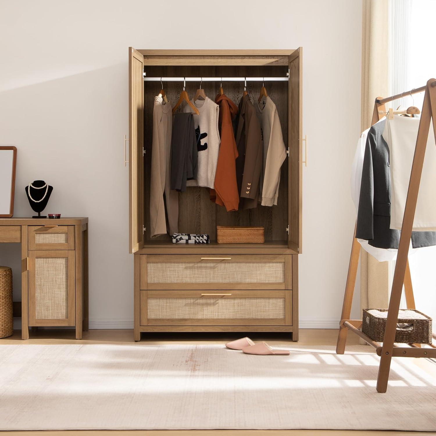 SICOTAS Rattan Armoire Wardrobe Closet Cabinet, 71" Tall Wardrobe Storage Cabinet with Doors, Larger Drawers and Hanging Rod, Boho Armoire Clothes Organizer for Bedroom, Laundry Room, Cloak Room - Image 6