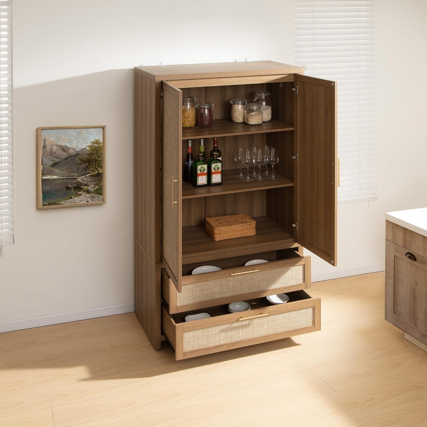 SICOTAS Rattan Armoire Wardrobe Closet Cabinet, 71" Tall Wardrobe Storage Cabinet with Doors, Larger Drawers and Hanging Rod, Boho Armoire Clothes Organizer for Bedroom, Laundry Room, Cloak Room - Image 8